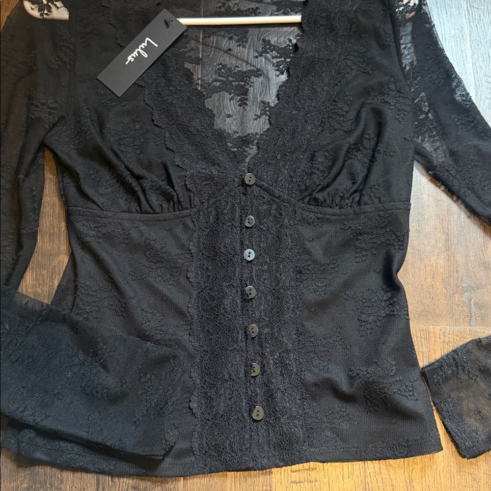 Lulu's Black Lace-Trim Button Front Blouse - Picture 3 of 5